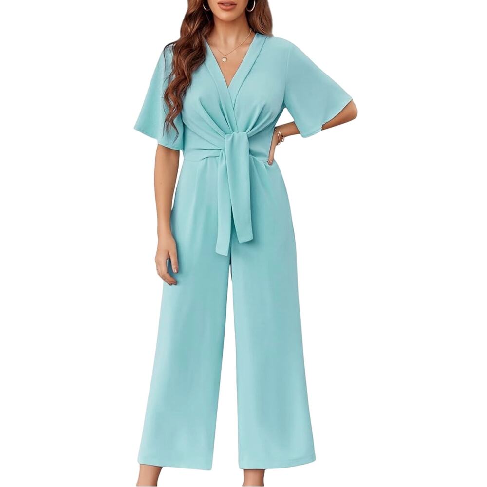 Light Green Tie Front Jumpsuit Flutter Sleeve Wide Leg Large